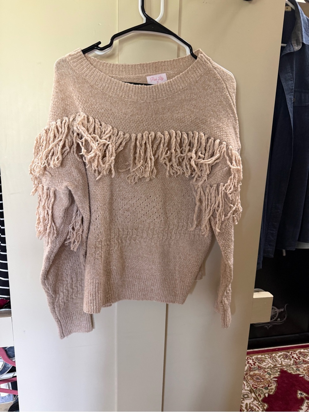 Pink Lily Beige Fringe Crewneck Sweater